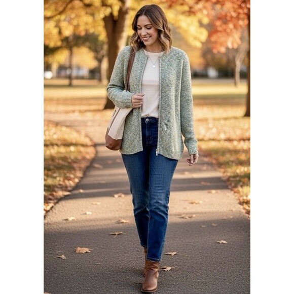 Alfred Dunner Women's Green Sequin Boucle Knit Cardigan Quiet Luxury Classic Med - Picture 2 of 8